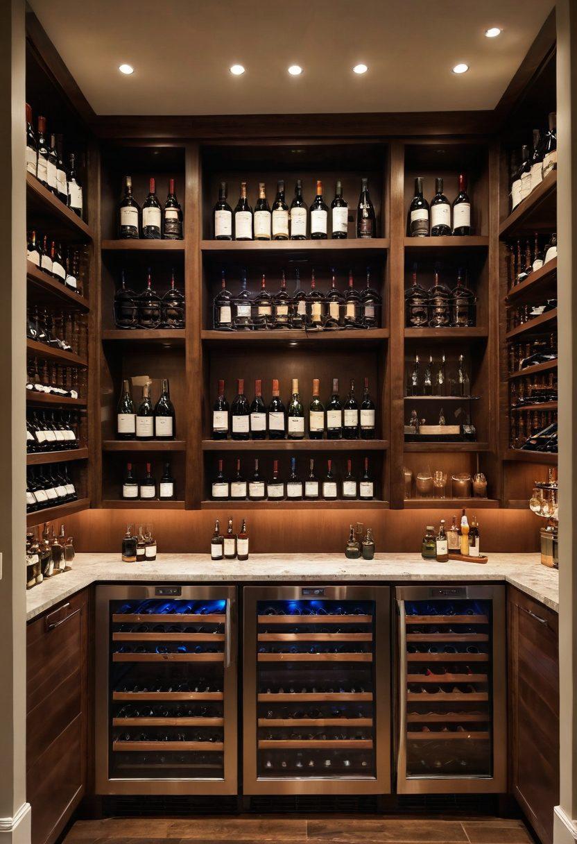 A beautifully arranged wine cellar showcasing a variety of bottles, vintage fridges with an elegant design, and essential wine preservation tools like corkscrews and aerators. Soft ambient lighting enhances the rich colors of the wine bottles and showcases the cellar's wooden shelves, creating a warm and inviting atmosphere for wine enthusiasts. Include a hint of grapes and wine glasses to add to the vibe. super-realistic. warm tones. vibrant colors.