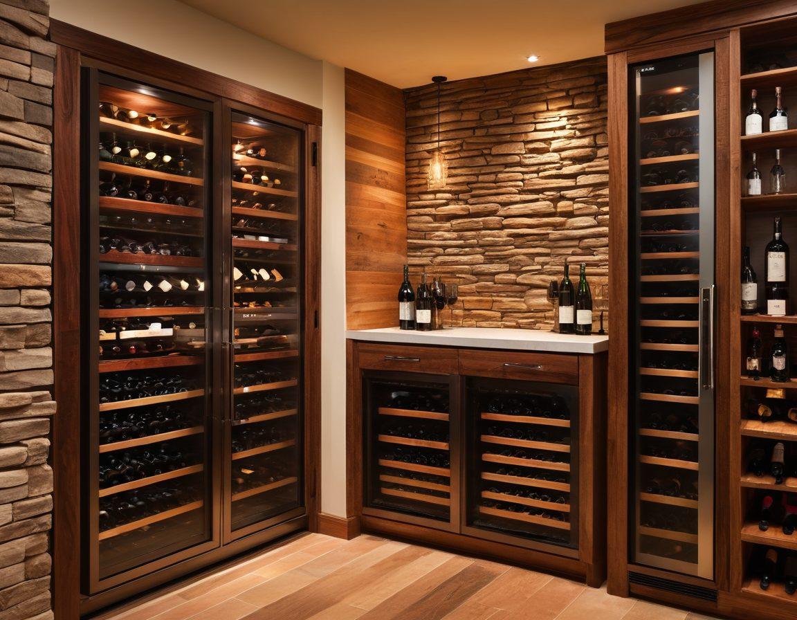 A beautifully organized wine cellar featuring varied wine bottles on wooden shelves, with a sleek modern wine refrigerator prominently displayed. Soft, ambient lighting illuminates the space, reflecting a rich burgundy color scheme. Include a corkscrew, wine glasses, and a notebook for tasting notes on a rustic table, evoking a sense of elegance and sophistication in wine storage. super-realistic. warm tones. ambient lighting.